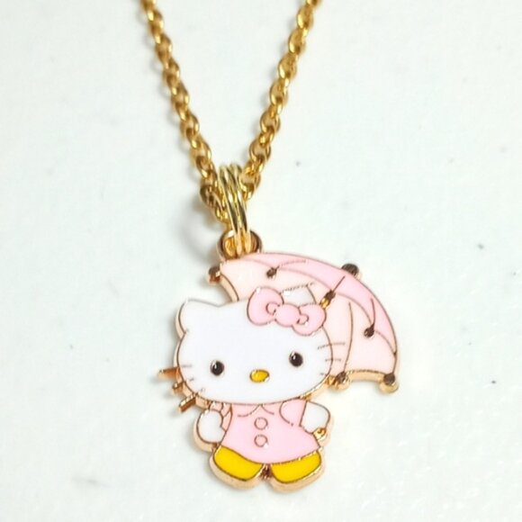 Hello Kitty Cute Gold Plated Light Pink Umbrella Pendant Necklace New - Picture 1 of 4